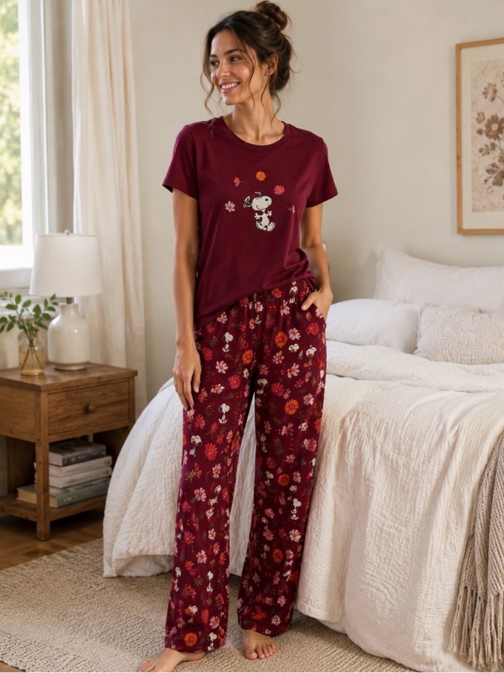 Peanuts Snoopy Floral 2-Piece Lounge Pajama Set Maroon Burgundy | Size S